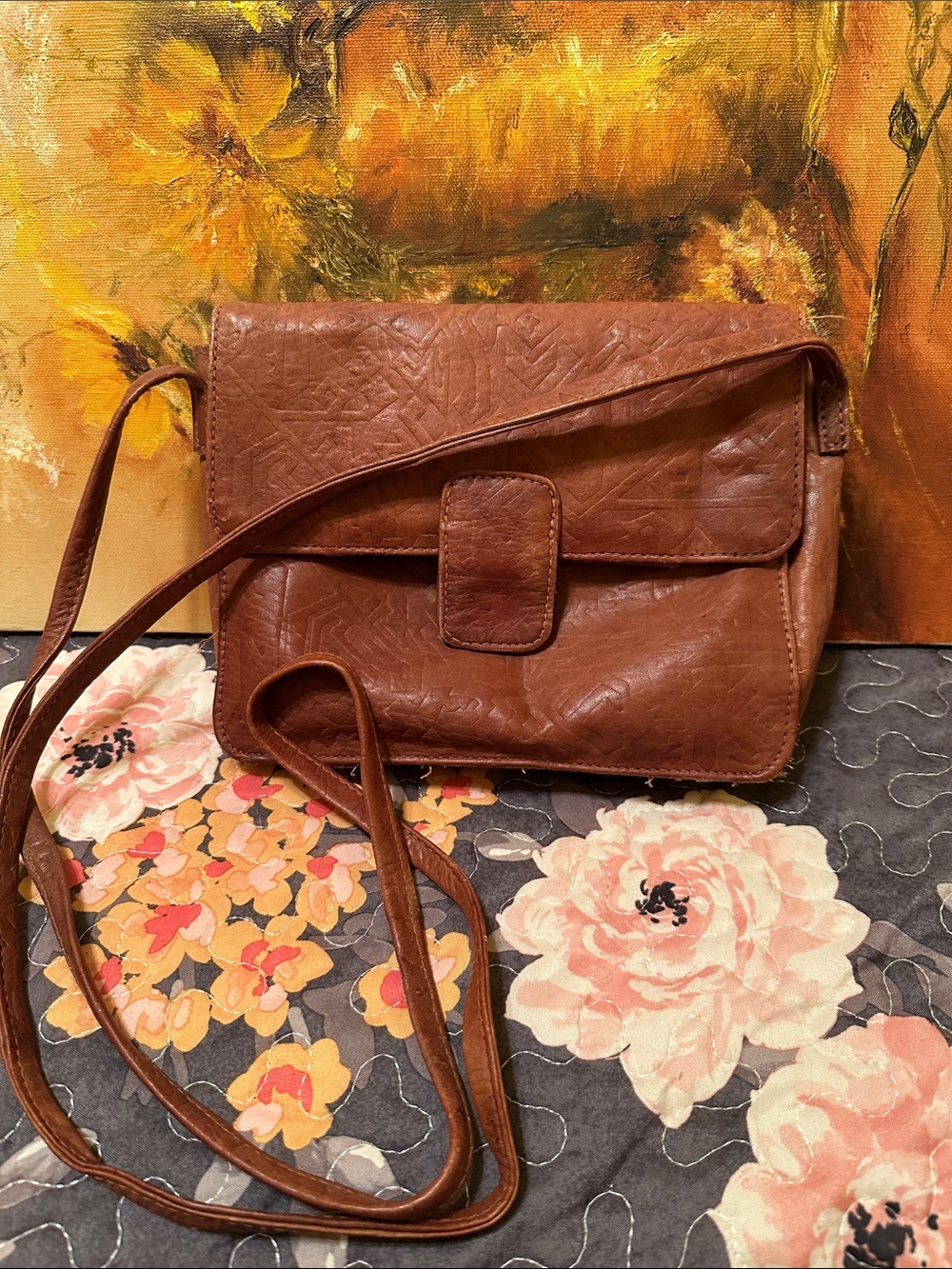 Vintage Embossed Brown Leather Crossbody Bag